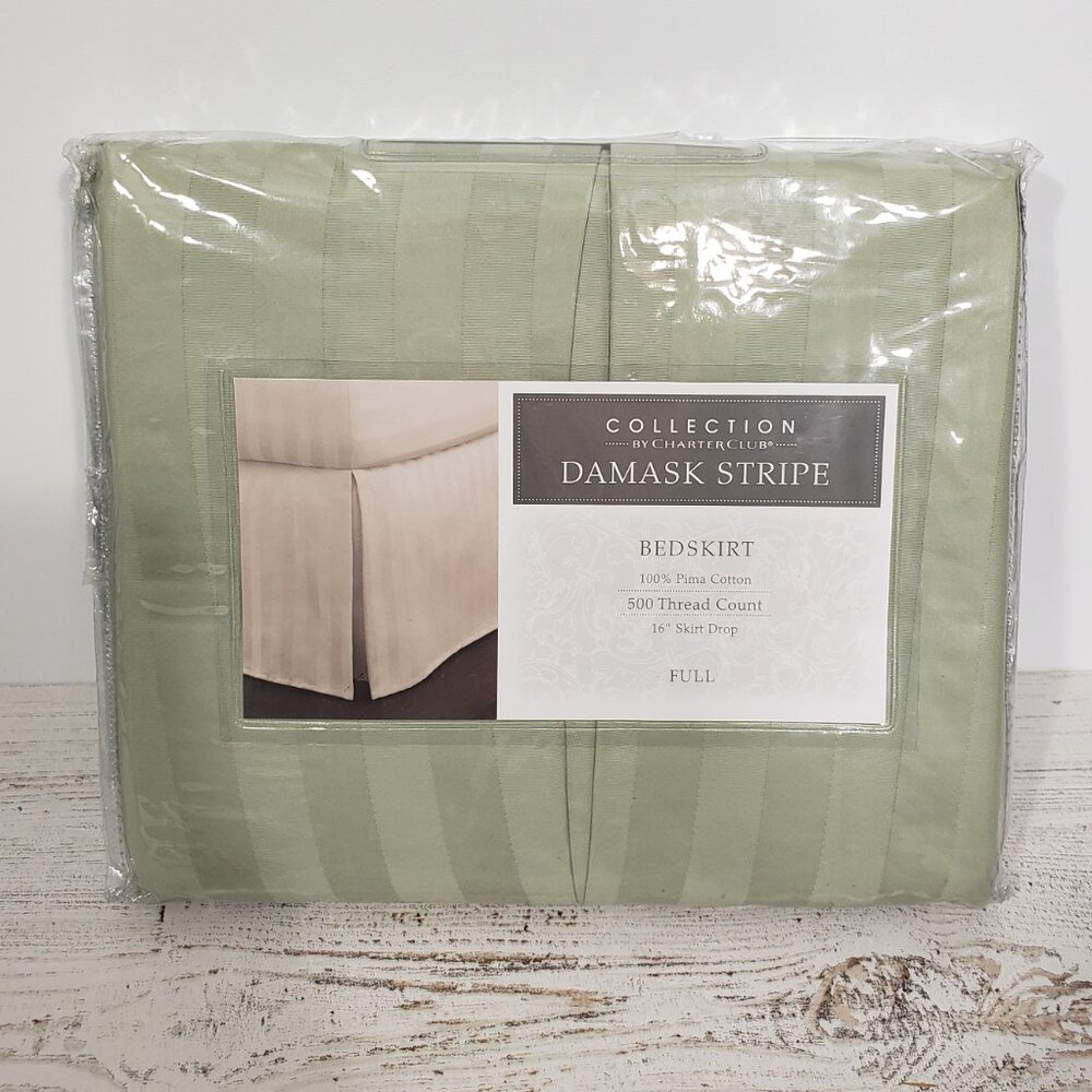 NIP  Collection By Charter Club  Green Damask Stripe Full Bedskirt  16" drop